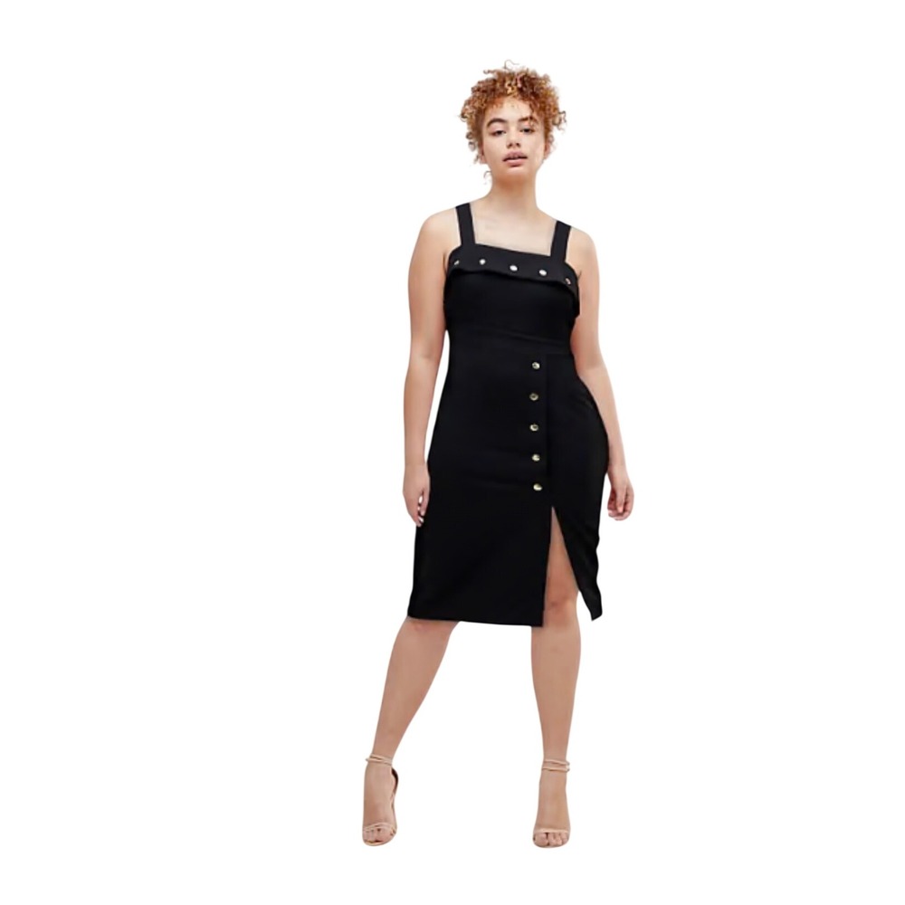 ASOS Midi Dress Womens 6 Black‎ Gold Button Stud Detail Slit Bodycon 06729872